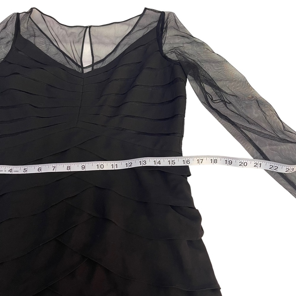Adrianna Papell Long Sleeve Mesh Tiered Raffled Black Midi Dress Size 8 - Picture 5 of 10